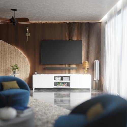 Image of Modern Living Room TV Stand with Open Display Compartment, Dual Side Storage Units, and Clean Contemporary Design for Home Decor | Assembly-DIY | Color-White