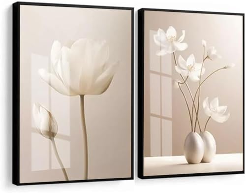 Kit 2 Quadros Decorativos Flores Bege Tons Nude Moldura e Vidro Sala Quarto Corredor (moldura...