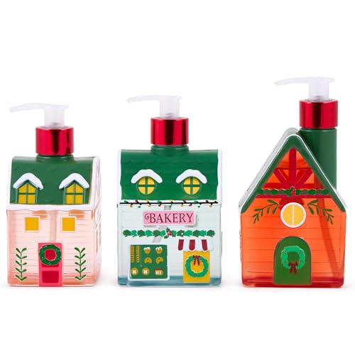 Image of Simple Pleasures Christmas Holiday Village 3 Pack - Frosted Strawberry, Snow Flurries, Peppermint Swirl Scented Decorative Refillable Soap Dispensers for Kitchen Countertops and Bathroom Sinks