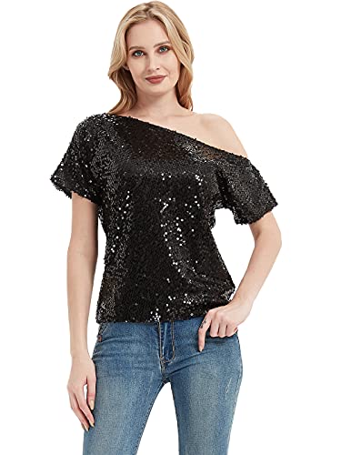 Anna-Kaci Womens Short Sleeve One Shoulder Sparkly Glitter Sequin Top Shirt Blouse