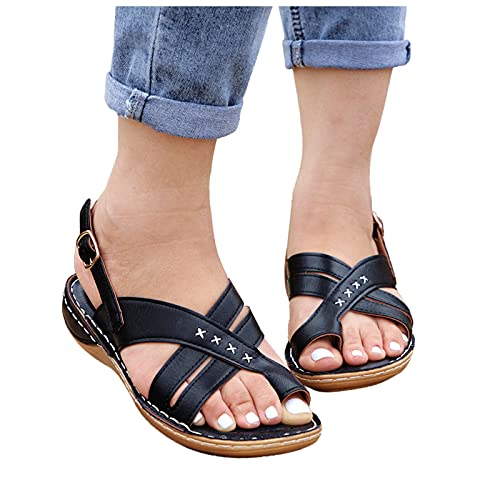 Xudanell Womens Sandals Open Toe Low Wedges Rubber Sole Comfy Leather Cut Out Slingback Strap Thong Sandals for Women Black
