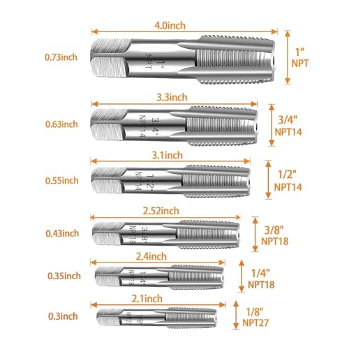 6Pcs Pipe Tap Set, Carbon Steel Threading Taps Tool Kit with Storage Box NPT Tap Kit Pipe Thread Tap Set for PVC Pipe, Steel Drill Bits 1in 3/4in 1/2in 3/8in 1/4in 1/8in NPT Taps