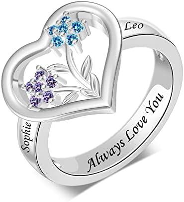 YUYOO Custom Mothers Ring Personalized Heart Birthstones Ring for Women Engraved Family Ring with Flower Birthstones Jewelry Birthday Gifts for Mom Grandmother Wife (2 stones)