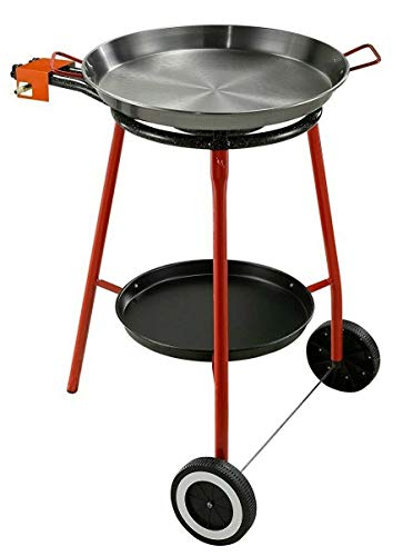Garcima Andreu Paella Pan Set with Burner 18 Inch Carbon Steel Outdoor Pan and Reinforced Legs Imported from Spain (12 Servings w/wheels)
