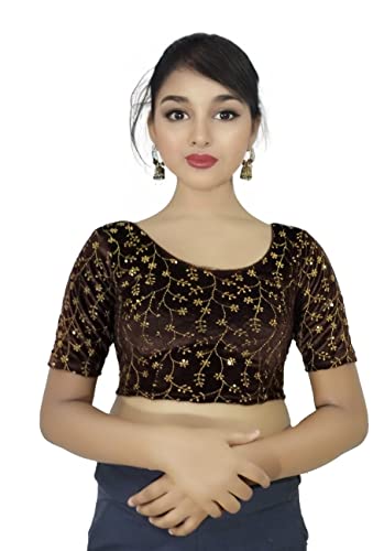 Image of PU Fashion Stylish Golden Embroidery Work Readymade Stretchable Velvet Blouse - Soft Breathable Fabric, Saree Blouse for Women