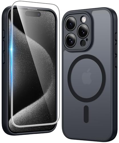 Image of FNTCASE for iPhone 15 Pro-Max Case: Matte Magnetic Phone Cases with Screen Protector Compatible with Magsafe Slim Anti Yellowing Rugged Shockproof Protective Translucent Cell Cover (C-Black)