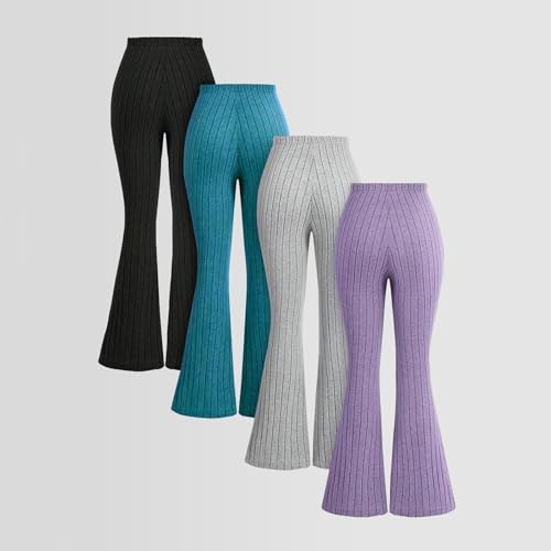 4-Pack Girls Ribbed Flare Leggings Bootcut High Waisted Full Length Bell Bottoms Cute Yoga Pants for 8-13 Years4