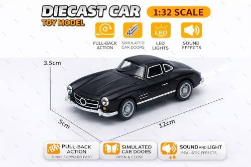Image of 1:36 Scale Mercedes Vintage Diecast Toy Car - Pull Back Metal Classic Car Model with Openable Doors, LED Lights & Music - Alloy Mini Vehicle Gift for Kids, Boys & Collectors【Black】