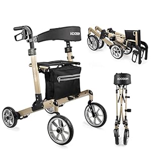 koosom 10″ Front Wheels Rollator Walkers for Seniors Adjustable Height, Rollator Walker with Seat and Brakes Fold Up Heavy Duty Mobility Walking Aid for Adult Elderly, Gold, L