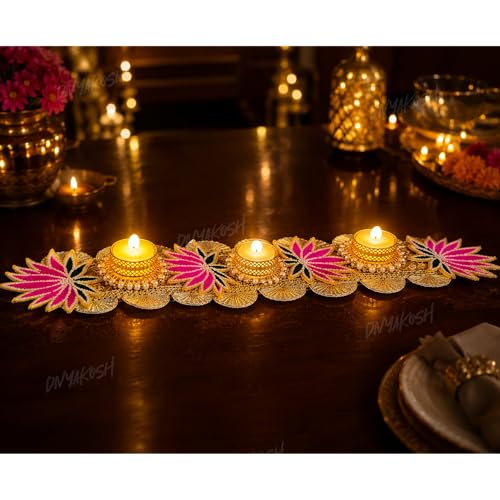 Image of Divyakosh Lace Handmade Item for Home Decoration 21 Inch Pink Lotus Table Runner with LED T-Light, Decorative Lotus Flower Table Decor for Home |Festive -Diwali Decoration|