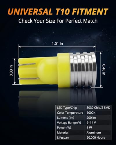 Image of WLJH Yellow PC194 T10 LED Bulb with Twist-Lock Sockets for Dash Gauge | 3030 SMD, 200lm, PC194 PC168 PC195, Map, Dome, Trunk, Door, Vanity Mirror, Glove Box, Cluster Light, 6-Pack