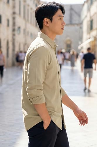 Image of Men's Long Sleeve Dress Shirt,Light Beige, Button Down, Chest Pocket, Casual Formal Wear