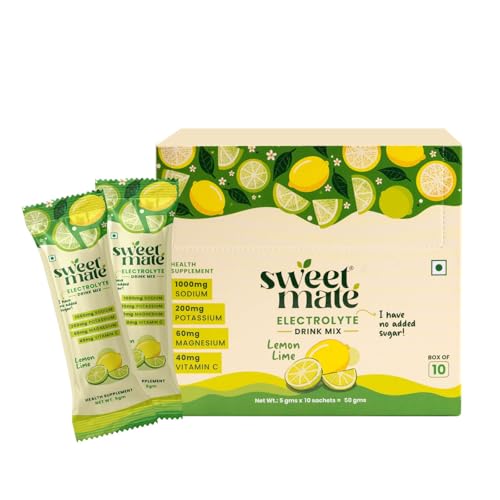 Image of Sweetmate Sugar Free Lemon Lime Electrolyte Drink Mix Sweetened With Stevia - 5g (10 Sachet) No Preservatives and Chemicals| Offers 10x more Electrolyte | Keto Friendly, Vegan