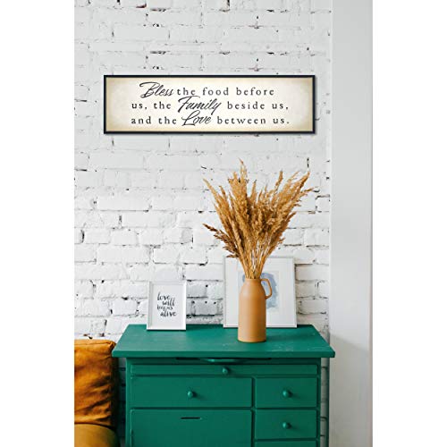 Homekor Bless Family Love Inspirational Quotes Hanging Wall Decor Sign - Bless The Food Before Us, The Family Beside Us, And The Love Between Us - Faith Motivational Sayings Framed Canvas Print 30 x 8
