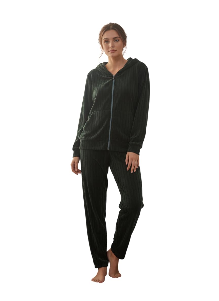 Casual Winter Wear Polyster Full Sleeves Hooded Zipper Neck Solid Fur Nightsuit/Co-ord Set with Straight Fitted Pant for Women-image-21