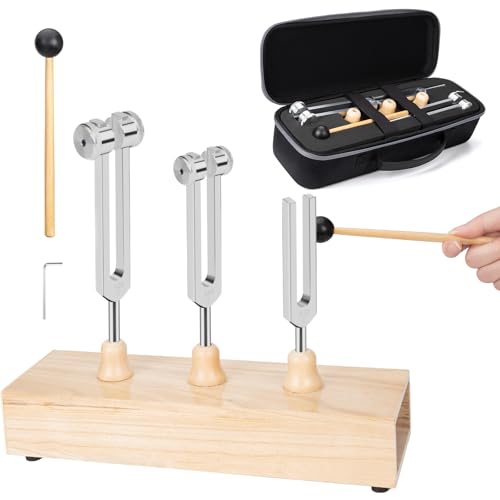 Tuning Forks for Healing Set, (128HZ, 256HZ, 512HZ) Sound Healing Instrument,Wooden Resonator Megaphone Frequency Healing Devices with Case, Use for Sound Therapy Yoga Meditation Metaphysical & Gifts