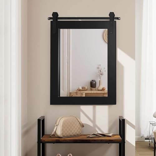 Farmhouse-Mirror-Barn-Door-Style-Rectangle-Solid-Wood-Frame-Wall-Mirror-Rustic-Decorative-Mirror-for-Bathroom-Entryway-Living-Room-Wall-Decor-28-x-22-Black Farmhouse Mirror Barn Door Style Rectangle Solid Wood Frame Wall Mirror Rustic Decorative Mirror for Bathroom Entryway Living Room Wall Decor 28 x 22 Black