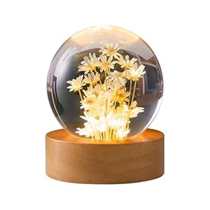 Crystal Ball Night Light, 6 cm Glass Ball Lamp with Wood with LED Light Base, USB Powered Flower Night Lamp with Stand (Yellow Daisy)