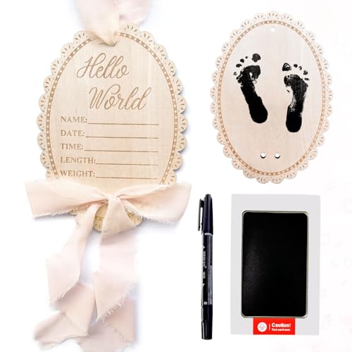 Image of Hello World Baby Announcement Sign, Pink Bow Newborn Sign, Wooden Name Sign for hospital, With Ink Pad for Hand and Footprints, Marker Pen, Bow Ribbon Baby Photo Prop & Keepsake