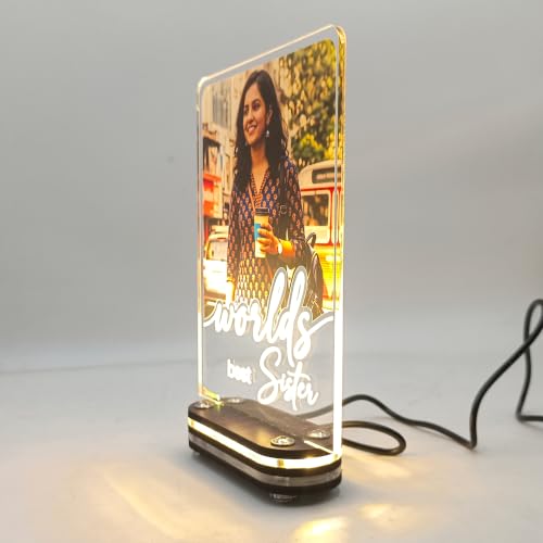 Image of lampees Personalized 3D Lamp World's Best Sister LED Glow Frame, Acrylic | Custom Photo & Text, Warm LED Glow, Wood & Acrylic Base, Desk Display, Rakshabandhan sister Brother