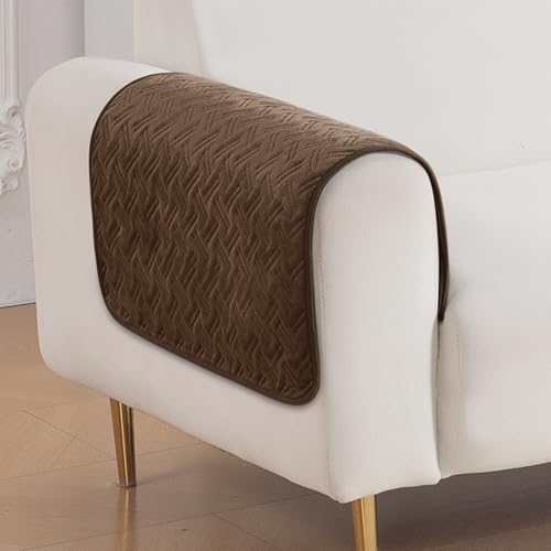 Image of HOKIPO Premium Velvety Quilted Sofa Armrest Covers (Pack of 2)- Anti-Slip, Washable Arm Cover, 'Softline Quilted Series' | Chocolate Brown (AR-6321-BR*2)