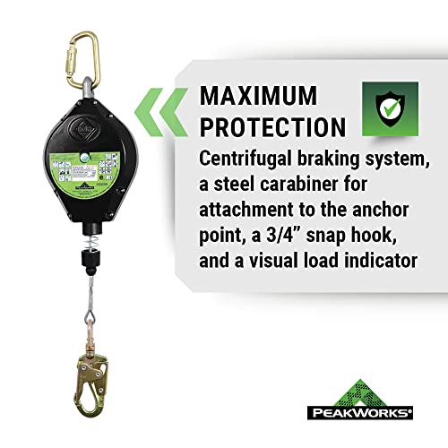Image of PEAKWORKS Fall Protection Self Retracting Lifeline (SRL) with Galvanized Steel Cable, Snap Hook, 40 ft. Length, Green, V845533040LE