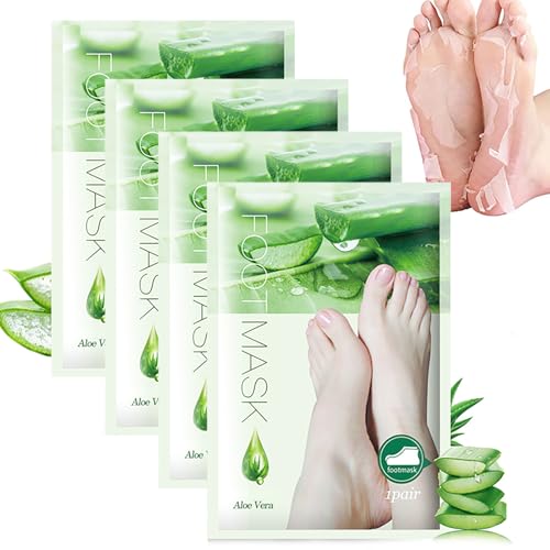 4 PCS Aloe Vera Foot Peel Mask - Exfoliating Socks for Callus Removal - Cracked Heels, Dead & Dry Skin. Moisturizing for Soft, Smooth Feet