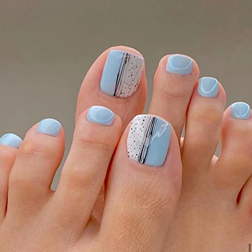 Press on Toenails Short Fake Nails Glossy False Toenails with Design Artificial Toe Nail Tips Square Fake Toe Nails with Nail Glue Summer Beach Full Cover Toenails for Women Girls DIY Nail Art 24PCS