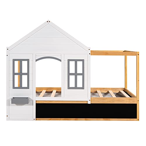 Twin Size Playhouse Bed For Kids,House Shaped Canopy Bed With Black Roof & White Window, Twin Tent Bed Cabin Platform Bed With Blackboard And Little Shelf For Girls Boys (Twin, White) #TOP5