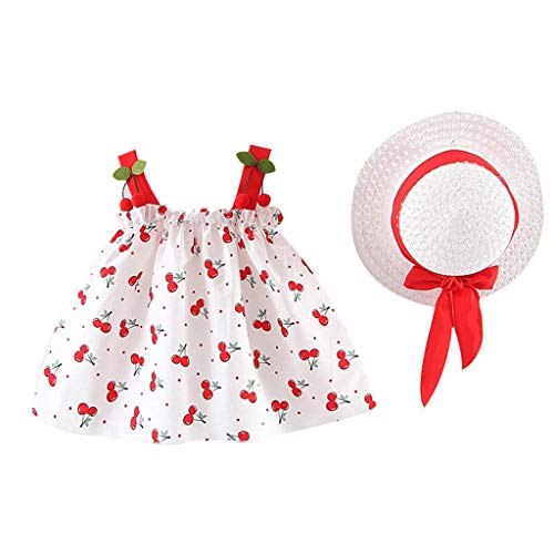 Vestido de niña,Riou Vestidos sin Mangas con Estampado Lazo de Cereza Vestido de Princesa Conjunto de Dos Piezas con Sombrero de Paja Ropa Bebe Niña Verano