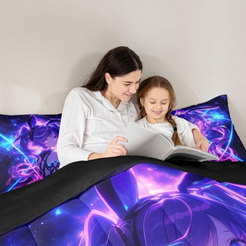 Image of Erosebridal 3D Anime Kids Bedding | Japanese Girl Full Comforter Sets,Girly Galaxy Stars Comforter Purple Neon Duvet Insert with 2 Pillow Cases