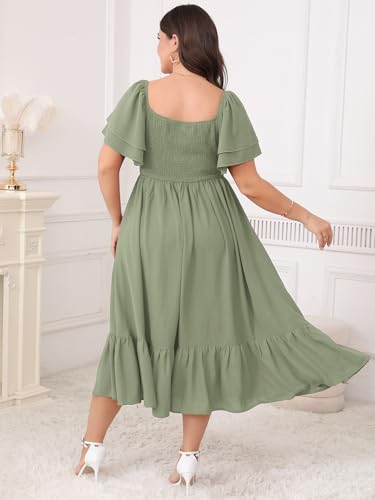 Image of SCOMCHIC Womens Plus Size Wedding Guest Cocktail Dresses Sweetheart Neckline Short Sleeve Smocked Ruffle Slit Maxi Dress