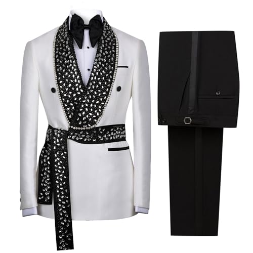 Men's Tuxedo Suits with Belt Slim Luxury Rhinestones Groom Wear Wedding Party Blazer Jacket Pants Prom,Dinner Set