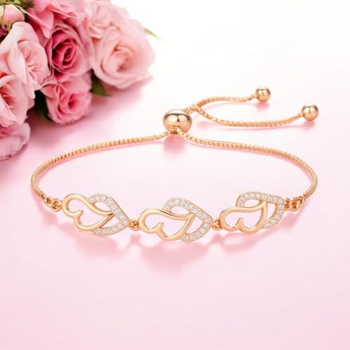 Image of Nilu's Collection Silver & Rose Gold With American Diamond Heart Link Adjustable Bracelet For Women