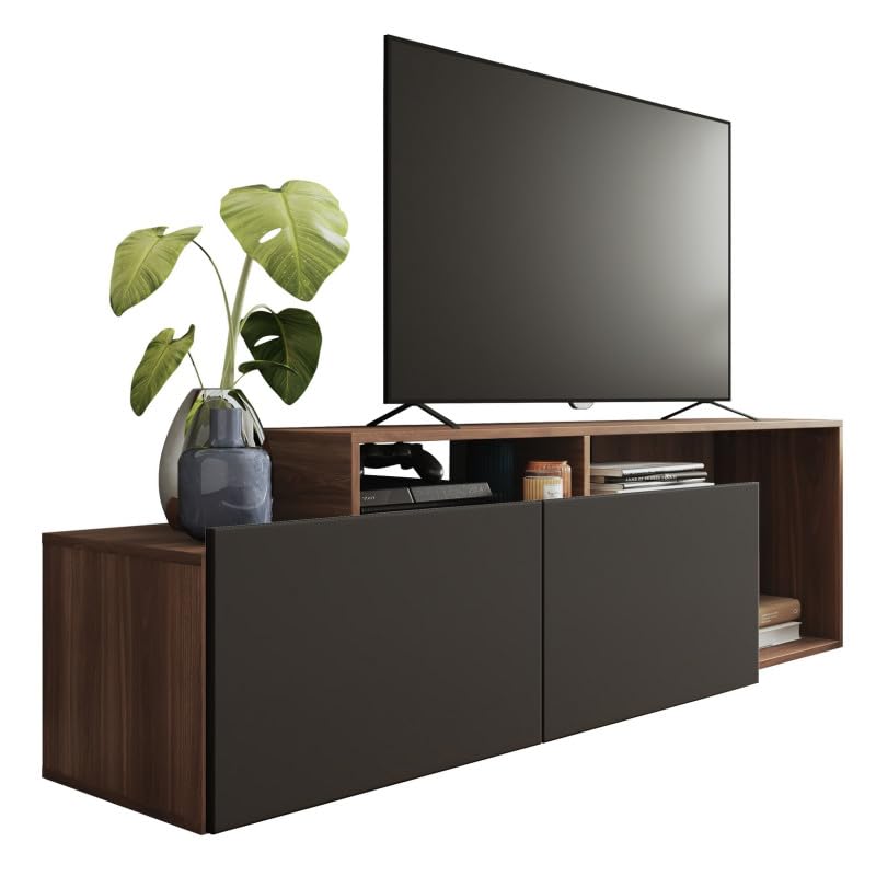 Meuble TV 50 Pouces 2 Abattants Noir et Chêne foncé L 164 H 46.5 P 37.5 cm