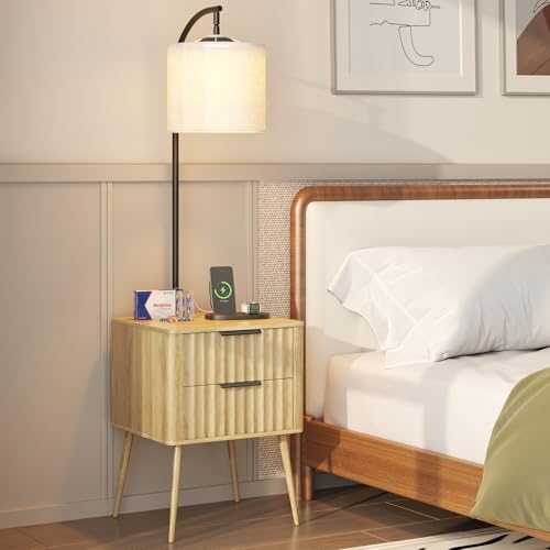 HNEBC Fluted nightstand with - with 3-Color Lights and Lampshades,Modern Night Stand with Charging Station and Motion Senor,LED Bedside Table with 2 Drawers,Tall Side Table for Bedroom,Natur