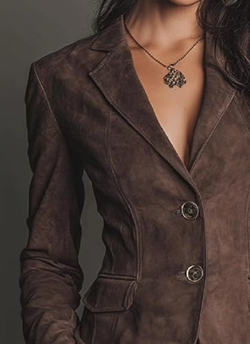 Womens Vintage Suede Blazers Casual Brown Solid Long Sleeve Open Front Lapel Blazer Jackets Work Suits with Pockets3