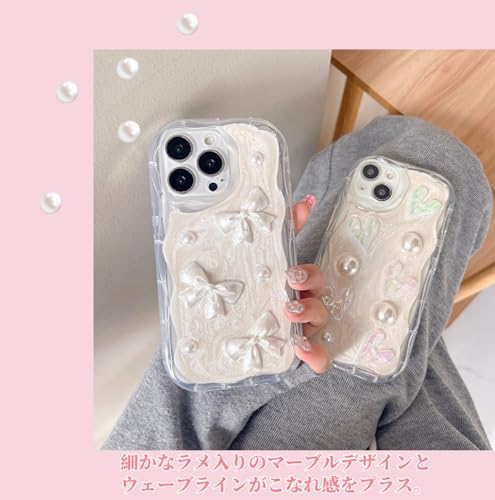 スマホケース iphone15ケース リボン クリア 透明 パール アイフォン16ケース パール リボン飾り シェル風 iphone16 15promax 15plus 16proケース アイフォン14ケース レディース 韓国 キラキラ かわいい おしゃれ オシャレ カワイイ (ハートテーマケースx白ハートストラップ, iPhone15)