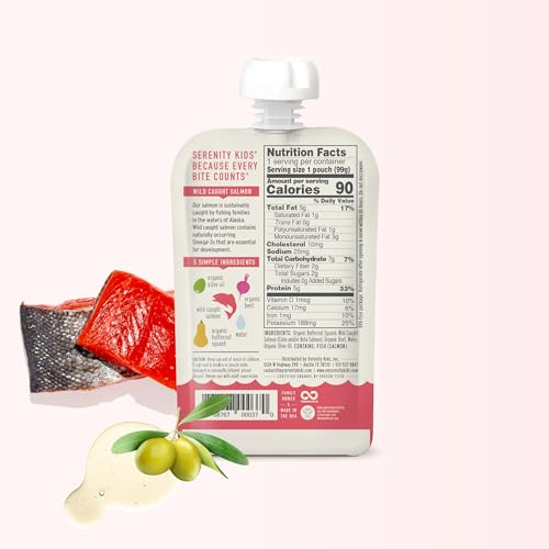 Image of Serenity Kids 6+ Months Baby Food Pouches Puree Made With Ethically Sourced Meats & Organic Veggies | 3.5 Ounce BPA-Free Pouch | Wild Caught Salmon, Butternut Squash, Beet | 1 Count (Pack of 3)