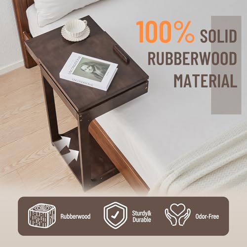 Image of Uniclinens C Shaped End Table for Couch, Rolling Side Table with Wheels Adjustable, Solid Wood TV Sofa Arm Eating Tray Table for Multi-Purpose, Small Coffee Table Living Room Bedroom, Walnut