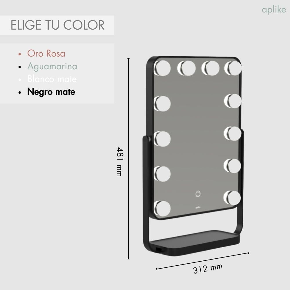 Aplike - Espejo Maquillaje con Luz, 12 Bombillas LED Hollywood, 3 Temperaturas Color (3000K-6500K), Control Táctil, Rotación 360°, Espejo Tocador Grande, Regalo Mujer (Negro)