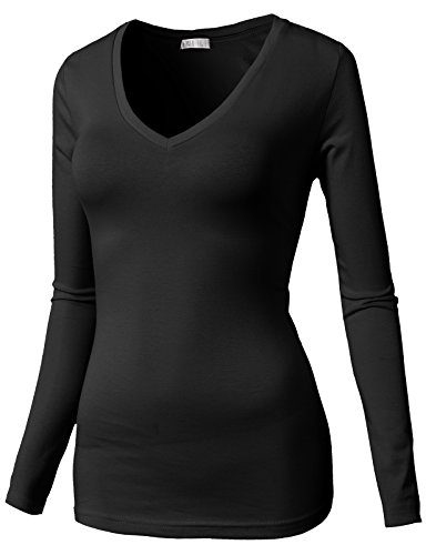 H2H Womens Loose Fit Soft Long Sleeve V Neck Cotton T-Shirt Black US S/Asia S (CWTTL0172)