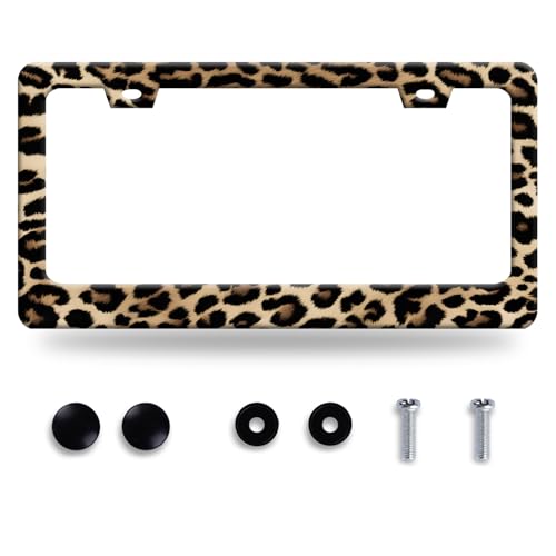 Leopard License Plate Frame Cheetah Leopard Brown License Plate Stainless Steel Funny License Plate Holder Animal Car Accessories with Screws Car Decoration 12.3 x 6.3 Fits Standard Vehicles Size