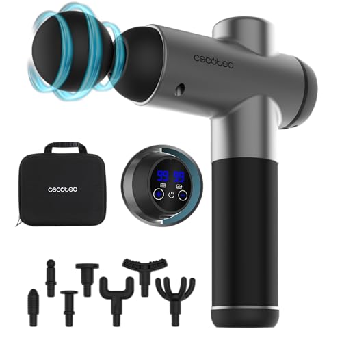 Cecotec Pistola de Masaje Muscular con 8 Cabezales SkinCare Massage Full Recovery. 99 Niveles de Intensidad, Pantalla LCD, Motor Brushless, Autonomía 2h, Velocidad de 2800-3200rpm, Estuche
