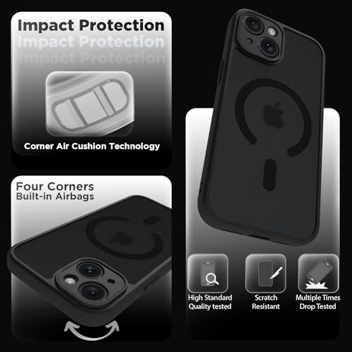 Image of RIGGEAR Shockproof Sleek Hybrid Armor Upgraded C-Shaped Magnetic Back Cover Case Compatible with MagSafe Accessories for iPhone 15 (Smoke Black Matte PC + Black TPU Bumper)