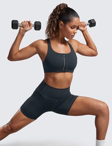 Image of CRZ YOGA Zip Front Cross Back Sports Bras | Molded Cups, Medium to high Support, Training, Adjustable Convertible Straps, Hook and Eye, for Women