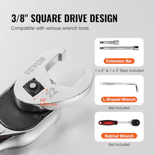 Image of VEVOR Crowfoot Wrench Set, 3 /8 inch Drive 24-Piece Crows Foot Wrench Set with 2 Extension Bars and EVA Tool Organizer, SAE 3 /8 inch-1 inch and Metric 10-22 mm, CRMO Steel and Mirror Chrome Finish