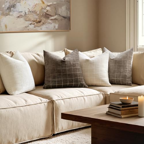 Image of MIULEE Brown Plaid Decorative Fall Throw Pillow Covers 22x22 Set of 2 | Vintage Check Chenille Couch Pillows Boho Farmhouse Cushion Covers Modern Fall Home Decor for Sofa Bed Living Room