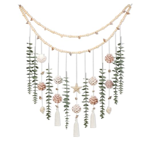 Artificial Eucalyptus Wall Decor with Seashell Coastal Decor Natural Home Decorations Hanging Wooden Bead Garland for Large Bedroom Bathroom Living Room, 32 x 32 Inch