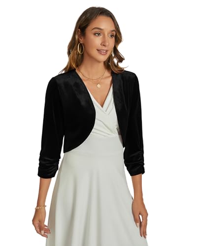 Image of Womens Velvet Bolero Shrug Elegant Open Front Ruched 3 /4 Sleeve Cocktail Party Cropped Cardigan